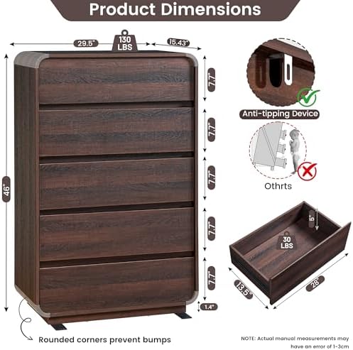 Standifurno Walnut Dresser for Bedroom, Modern 5 Drawer Closet, Freestanding Dressers with Deep Drawers, Large Storage Organizer for Living Room, 29.5’’ W