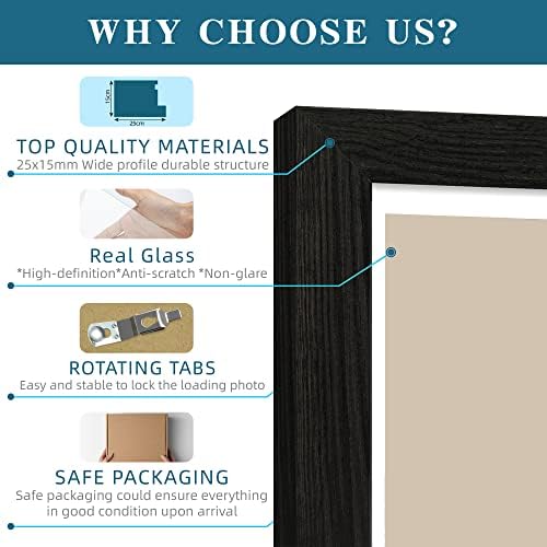 Hongkee 8x10 Picture Frame Set of 4, Made of Real Glass and Rustic Black Wooden Frame, 8 by 10 Photo for Wall or Tabletop - Display Picture 5x7 with Mat or 8x10 Without Mat