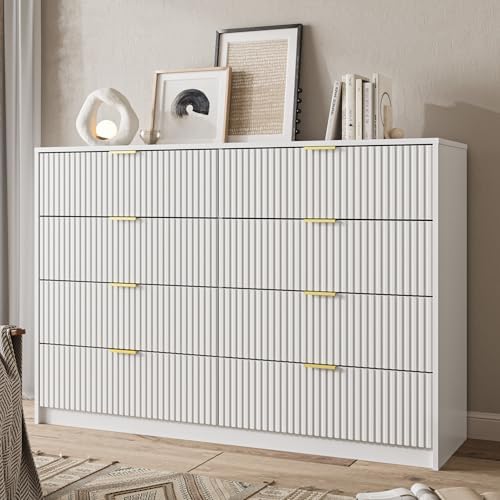 MAISONARIA White Dresser for Bedroom, 8 Drawer Double Dresser, Modern Chest of Drawers for Bedroom, Living Room, Entryway and Closet, 55" L x 15.7" D x 37.4" H