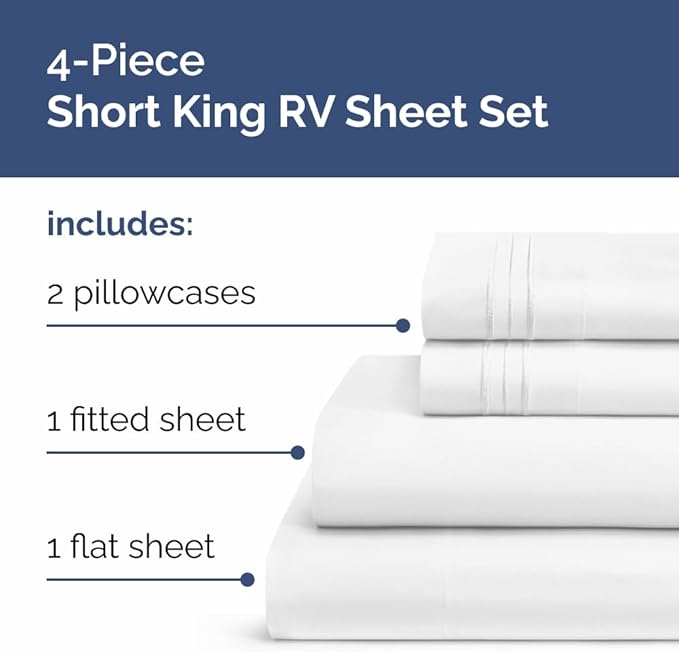 RV Short King Sheets 72 X 75 – RV Short King Sheets 8” to 12" Deep Pocket - Designed for RVs, Bunks, Trailers, Campers & Short RV King Mattresses – Premium Easy-Care Fitted Sheets for RV Beds – White