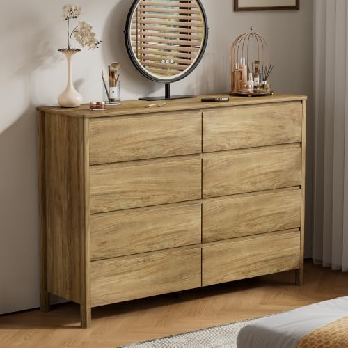Furniway 55" Wide 8 Drawer Wood Dresser for Bedroom with Legs, Natural Oak