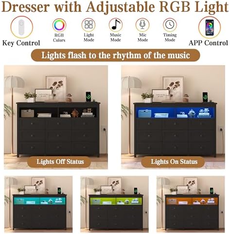 Wodeer 9 Drawer Dresser for Bedroom with LED Lights, Charging Station, Wood Chest of Drawers with Metal Handles, Modern TV Stand & Storage Organizer for Living Room, Hallway, Black