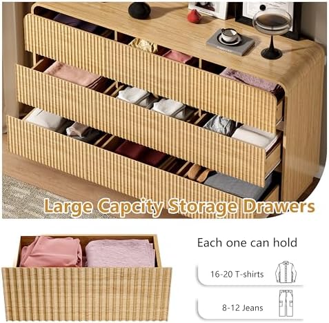 Wodeer Oak Dresser Fluted 9 Drawers Dresser for Bedroom, 59" Wide Wood Chest of Drawers with Hidden Handles & Rounded Corners, Modern TV Stand Storage Cabinet for Living Room, Hallway, Entryway
