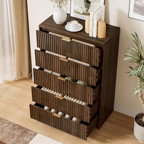 Furniway Walnut Dresser for Bedroom, Tall Dresser with 5 Drawers and Smooth Slides, Modern Chest of Drawers with Golden Handles for Bedroom, Living Room, Closet, 15.7" D x 31.5" W x 47.2" H