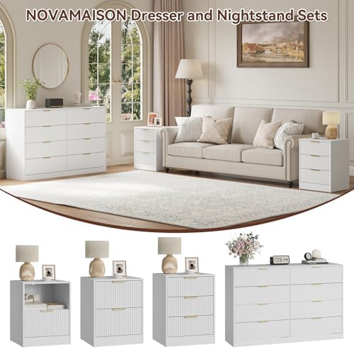 3 Pcs White 8 Drawer Dresser & 3-Drawer Nightstand Set丨Tall Fluted Dresser and Night Stand Set of 2 with Metal Handle, Modern Wood Chest of Drawers Storage Dressers Set for Bedroom