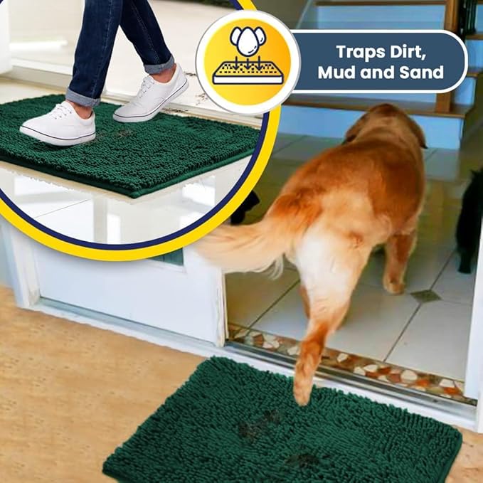Muddy Mat® AS-SEEN-ON-TV Highly Absorbent Microfiber Door Mat and Pet Rug, Non Slip Thick Washable Area and Bath Mat Soft Chenille for Kitchen Bedroom Indoor and Outdoor - Dark Green 24" x 72"