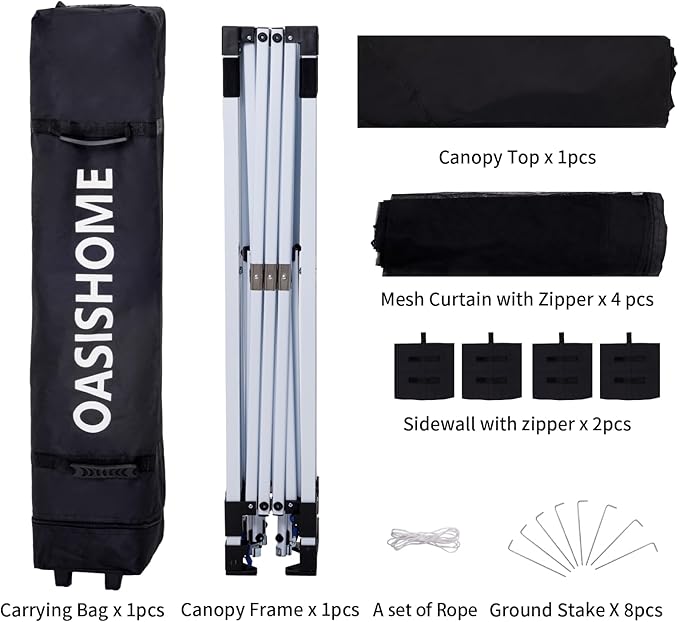 OASISHOME 10'x10' Pop-Up Gazebo Canopy Tent with Netting Sidewall & Wheeled Bag,Weight Bag, Stakes, Ropes, Waterproof, UV Protection, Heavy-Duty Steel Frame for Backyard/Outdoor/Parties (Black,10x10)