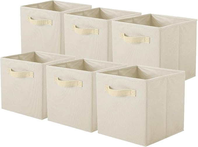 PowerKing Collapsible Storage Cubes with Handles, Fabric Foldable Bins for Closet Shelves, Durable Organization Storage Bins, 10.5'' x 11'' x 10.5'', 6 Pack, Cream