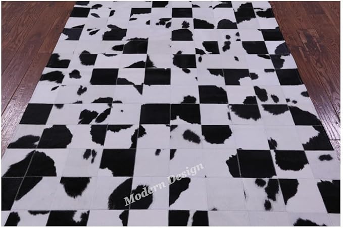 Modern Design Premium Cowhide Leather Carpet with Chevron Pattern, Area Rug (Black/White, 9'6"x14'0)