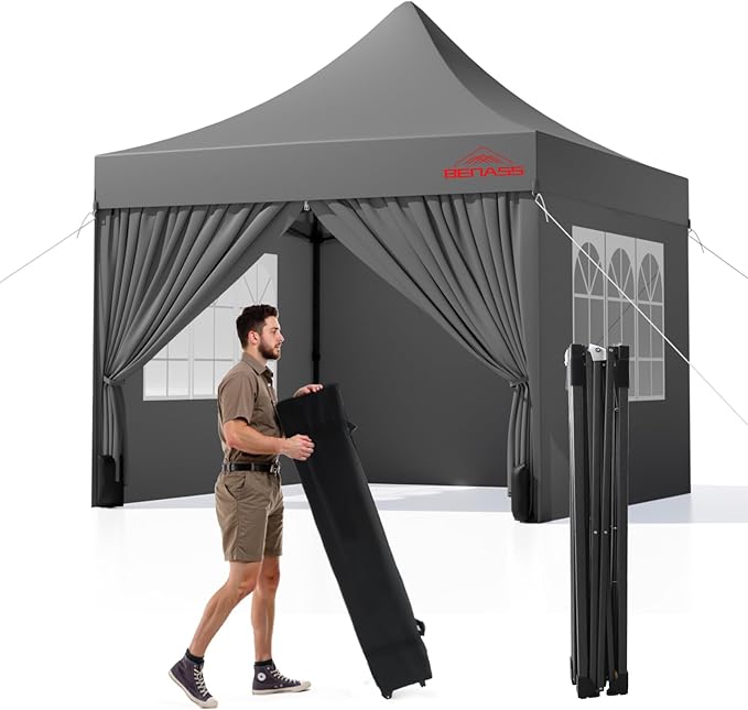 10x10 Heavy Duty Pop Up Canopy with 4 Sidewalls, 550D Commercial Easy Up Canopy Tent, Waterproof Outdoor Party Event Tent with Roller Bag, Grey