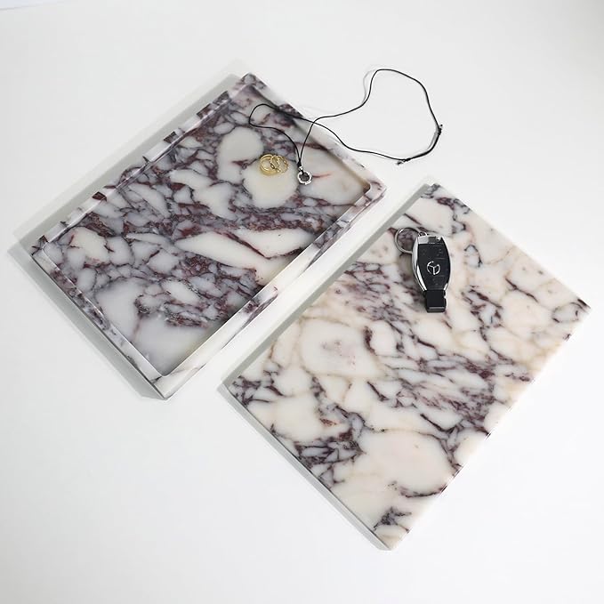Real Luxurious Natural Marble Vanity Tray Genuine Marble Storage Tray for Home Decor Stone Tray for Bathroom/Kitchen/Vanity/Dresser Non-Resin/Non-Ceramic/Viola Tablet Set