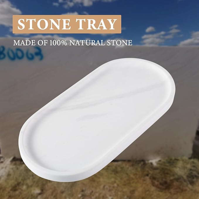 Koville White Marble Oval Tray for Bathroom Countertop, 10" x 5" Natural Marble Vanity Trays, Stone Perfume Organizer Tray for Decor, Jewelry Dish Perfume Trays for Dresser