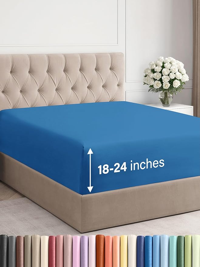 Extra Deep Queen Fitted Sheet - Hotel Luxury Single Fitted Sheet Only - Easily Fits 18 inch to 24 inch Mattress - Ultra Soft, Wrinkle & Fade Free w/Extra Deep Pocket - Breathable & Comfy - Royal Blue