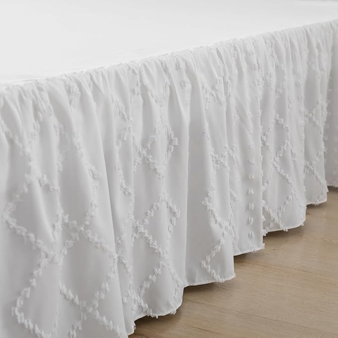 Bed Skirt Queen Size Ruffled Bed Skirt with Split Corners, 14 Inch Drop Dust Ruffle Bed Skirts with Platform, Boho Tufted Shabby Chic Full Size Bed Skirts, White