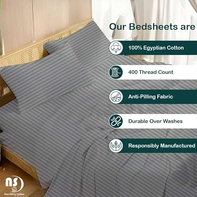 NON Sticky cotton Queen Size Sleeper Sofa Sheets, 4 Piece Egyptian Cotton Bed Sheet Set for Sofa Bed, 10" Deep Pocket for Pull Out Couch Mattress, 60" x 75", Light Grey Stripe, Soft & Breathable