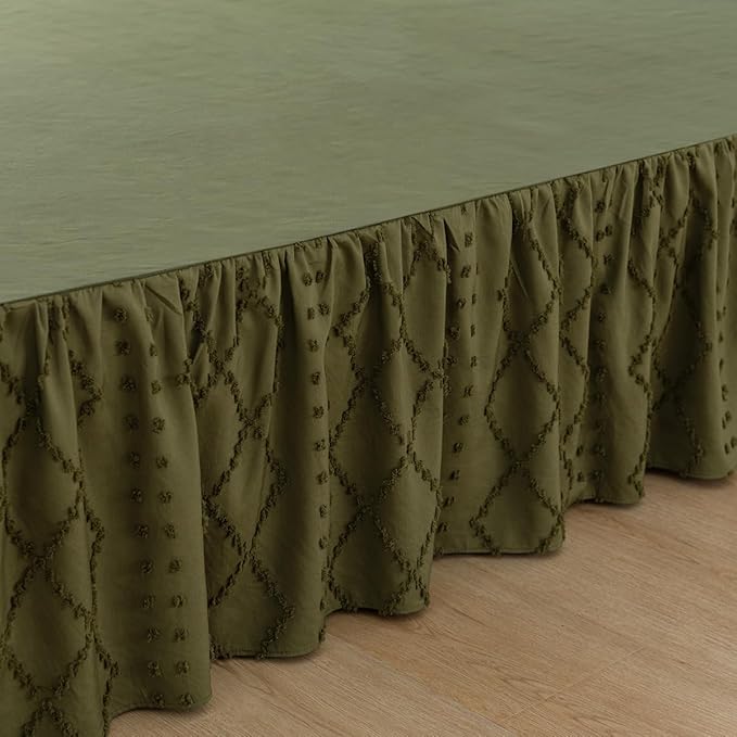 Bed Skirt King Size Ruffled Bed Skirt with Split Corners, 12 Inch Drop Dust Ruffle Bed Skirts with Platform, Boho Tufted Shabby Chic King Size Bed Skirts, Olive Green