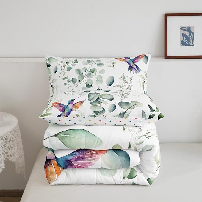 Erosebridal Cartoon Hummingbird Bedding Twin Toddler Wildlife Bird Comforter Set Twin, Plant Duvet Insert Eucalyptus Leaf Quilt Comforter, Jungle Animal Theme Bedding Comforters & Sets Kids Room Decor