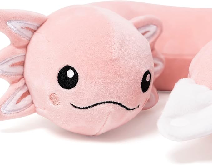 Niuniu Daddy Pink Axolotl Kids Travel Neck Pillow Road Trip Essentials for 3-8 Years Old, Soft Memory Foam Neck Pillow for Sleeping Airplane Essentials, Cervical Pillow for Boys Girls Toddlers