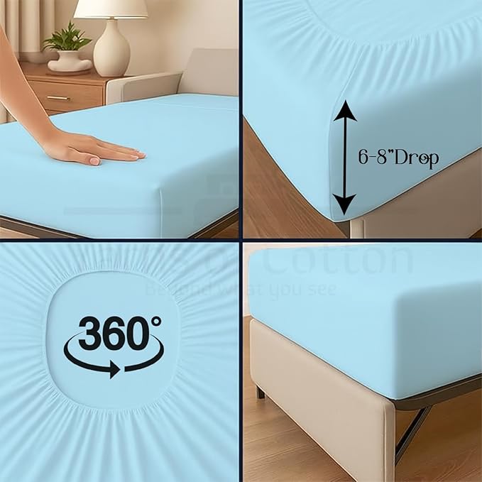 Sleeper Sofa 4 Piece Bed Sheet Set Premium Quality 100% Cotton 500 Thread Count, Smooth & Super Soft Sateen Weave, Extra Soft Bed Sheets, Wrinkle Free, 4 Inch Deep Pocket (Queen, Light Blue)