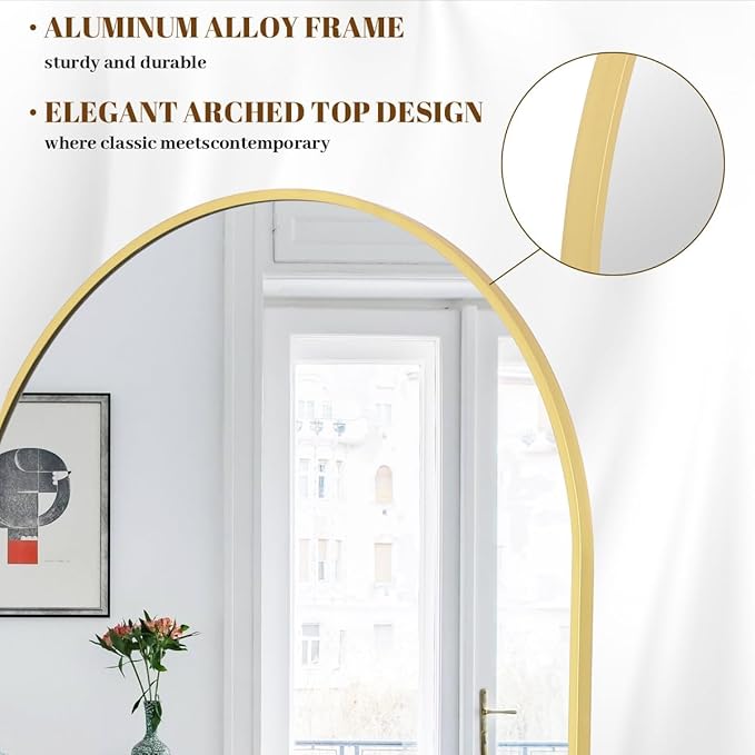 Koonmi 40"x86" Arched Full Length Mirror, Gold Large Floor Mirror with Aluminum Alloy Frame, Standing Hanging or Leaning Wall-Mounted Full Body Mirror for Living Room and Bedroom