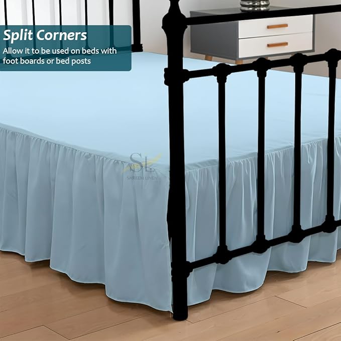 Shreem Linen Ruffled Bed Skirt with Split Corners, Gathered Style, 100% Microfiber, 28-Inch Drop, Dust Ruffle Bedskirt with Platform, Full-XXL, Light Blue