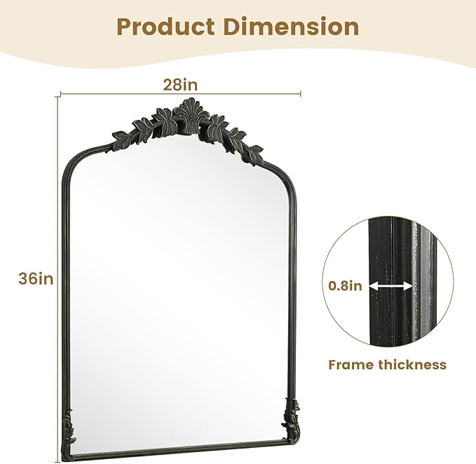 WallBeyond Black Antique Mirror for Vanity 28x36 Inch, Black Vintage Mirror with Ornate Frame, Arched Vintage Wall for Bathroom, Living Room, Fireplace