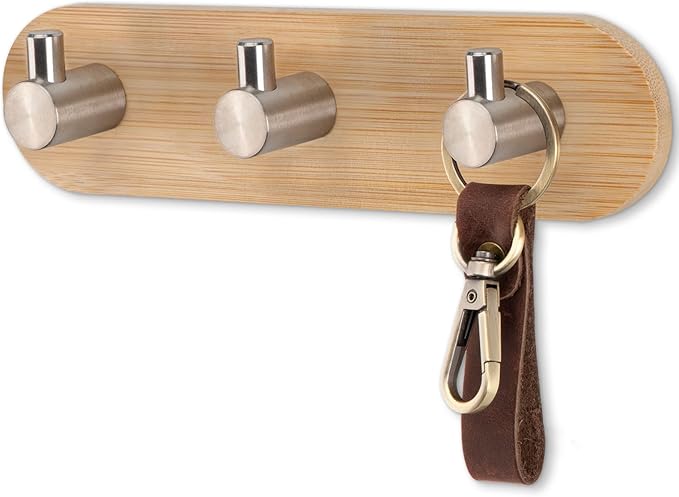 Nekon Bamboo Key Holder for Wall, Wall Mount Key Organizer with 3 Hooks, Decorative Coat Rack for Entryway, Kitchen, Bedroom, Bathroom (Silver Hooks)