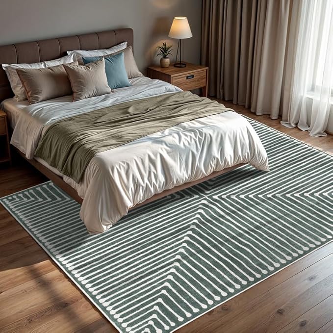 GLN Rugs Contemporary Collection - Machine Washable Area Rug, Contemporary Washable, Non Slip, Low Pile Chenille Rug, Living Room, Bedroom, Kitchen Rug (3' x 5' Beige Green)