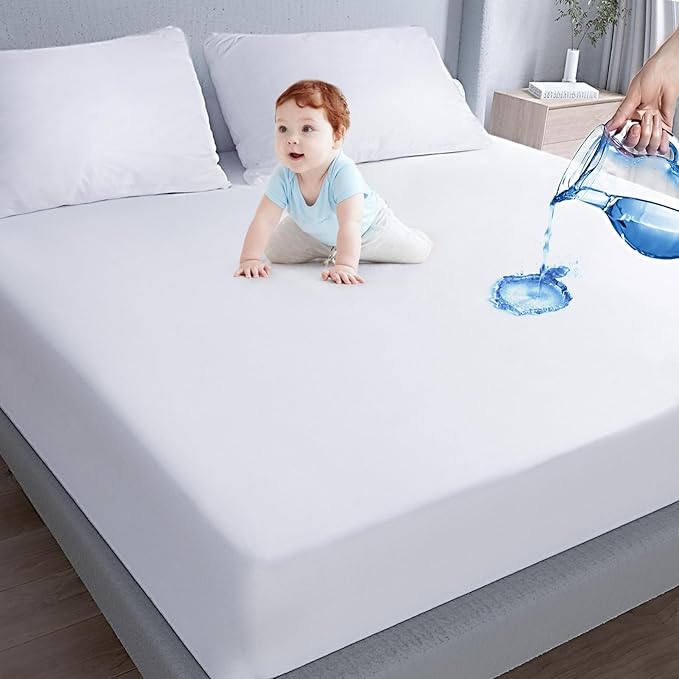 Waterproof Mattress Protector King Size,Mattress Cover Protector, Smooth Top Mattress Protector for Kids, Breathable Skin Friendly and Noiseless Fitted Sheet,King Size,Polyester