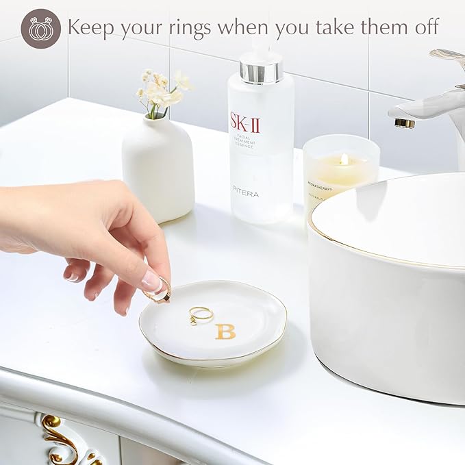 ProCase Ceramic Jewelry Tray, Initial Ring Dish Trinket Plate Engagement Gift, Small Personalized Monogram Ring Bowl for Wedding, White Decorative Jewelry Holder for Women Vanity -Letter B