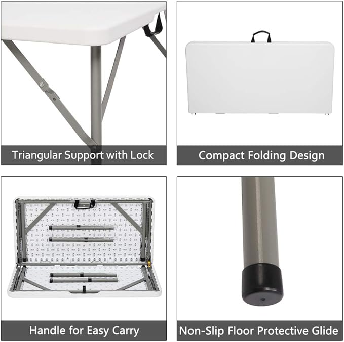 Outvita Plastics Folding Table Height Adjustable Indoor Outdoor Square Picnic Table with Carry Handle, Lock for Camping, Party, Picnic, BBQ White
