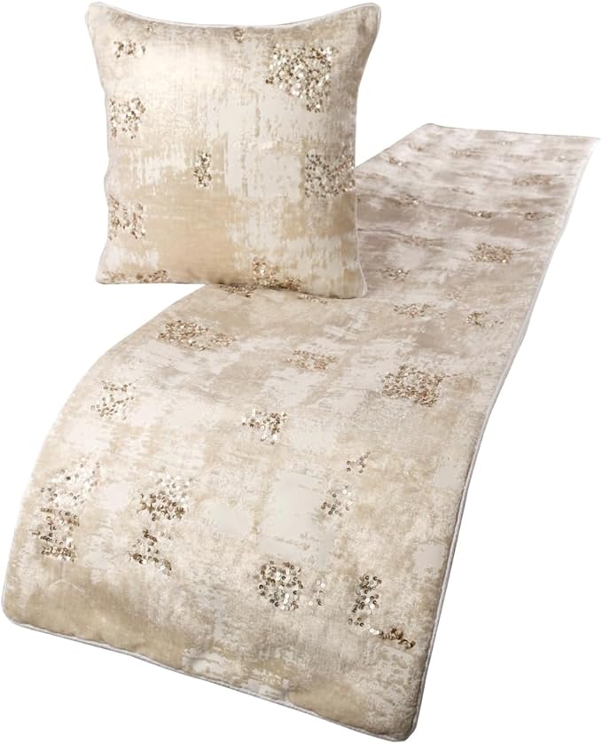 The HomeCentric Ivory Bed Runner, Twin Size 53"x18" Decorative Bed Runner with Matching Pillow Cover, Ivory Velvet Bed Scarf in Foil Velvet with Sequin - Creative Grudge