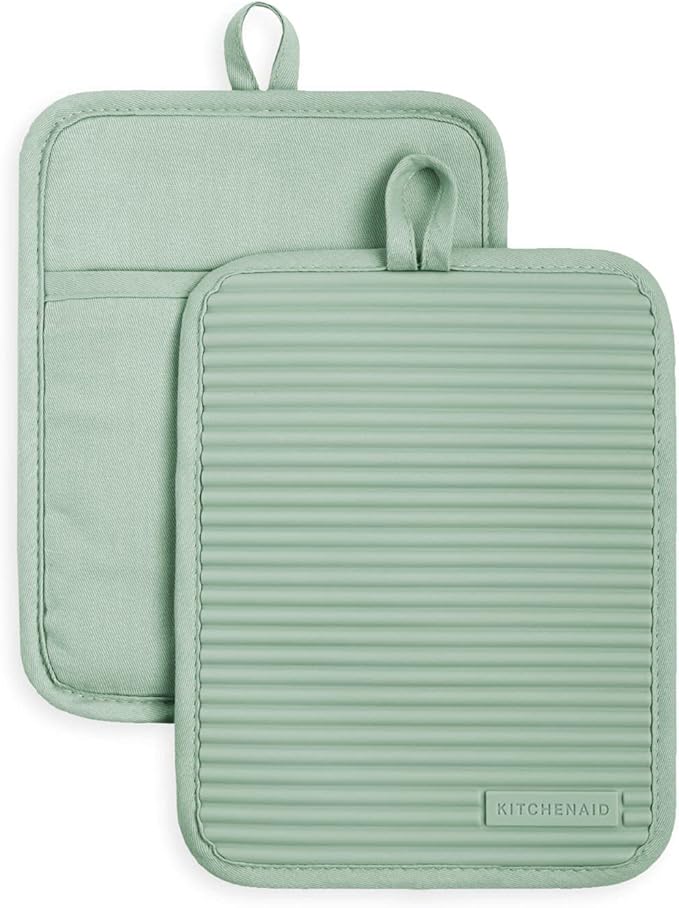 KitchenAid Ribbed Soft Silicone Pot Holder 2-Pack Set, Pistachio Green, 7"x9"
