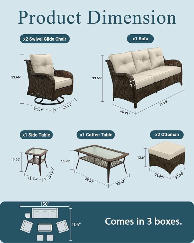 Patio Furniture Set, High Back Rattan Sofa & Swivel Rocker Chairs, Weather