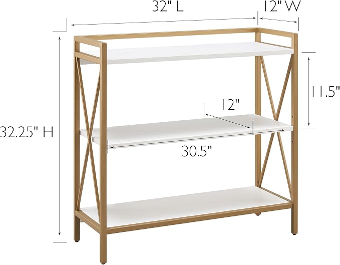 Leick Home Claudette Bookshelf, Satin Gold, 3 Shelves, Easy Assembly, 12 in D x