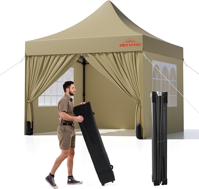 10x10 Heavy Duty Pop Up Canopy with 4 Sidewalls, 550D Commercial Easy Up Canopy Tent, Waterproof Outdoor Party Event Tent with Roller Bag, Khaki