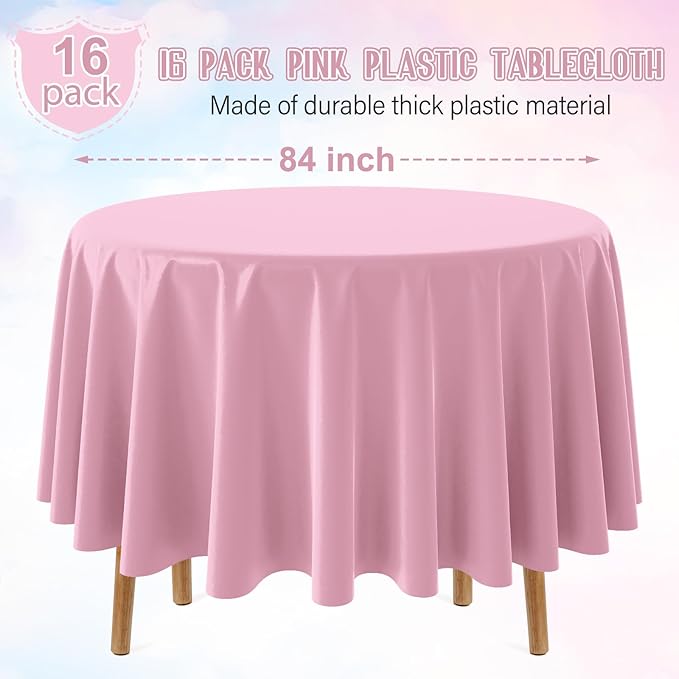 16 Pack Light Pink Plastic Tablecloth for Round Tables, Premium Decorative Pink Disposable Table Cloths for Parties, Bulk Round Party Table Cover for Birthday Wedding Anniversary Graduation, 84 Inch