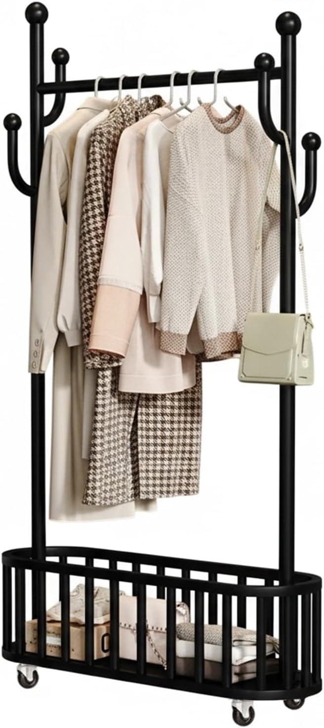 Takywep Rolling Clothing Rack with Wheels and Basket Storage – Metal Moveable Garment Rack, Heavy-Duty Coat Rack for Hanging Clothes, Bedroom, Boutique, Laundry Room