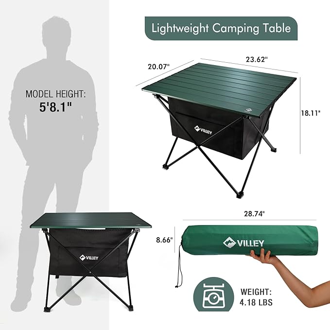 VILLEY Portable Camping Side Table, Ultralight Aluminum Folding Beach Table with Carry Bag for Outdoor Cooking, Picnic, Camp, Boat, Travel