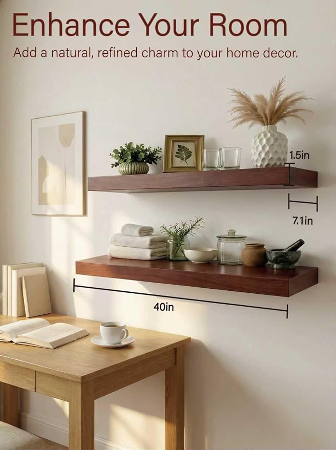 Solid Wood Floating Shelves, 40in Finished Real Wood Wall Shelves