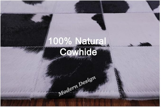 Modern Design Premium Cowhide Leather Carpet with Chevron Pattern, Area Rug (Black/White, 4x6)