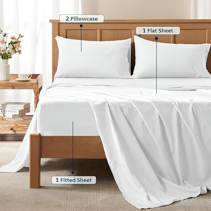 Olympic Queen Sheet Set – 100% Egyptian Cotton, 338 Thread Count – 4-Piece Luxury Super Queen Sheets – Soft & Breathable – 16” Deep Pocket Fitted Sheet, 1 Flat Sheet, 2 Pillowcases (White Solid)