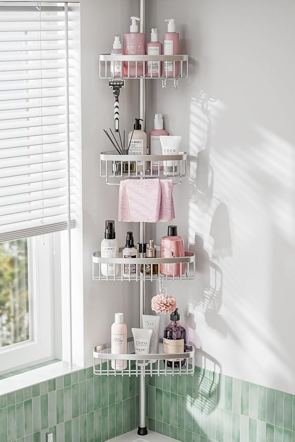 ESSEME Corner Shower Caddy Tension Pole: Adjustable Rustproof 4-Tier Inside Bathroom Organizer - 47-121 inch Quick Installation Bathtub Shelves for Shampoo Storage - Rod Floor Standing Bath Rack