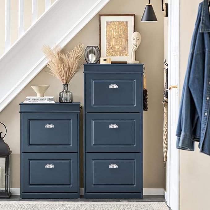 Haotian Shoe Cabinet with 3 Flip Drawers, Freestanding Shoe Rack for Entryway, Shoe Organizer with Hidden Drawer, Navy Blue, FSR94-B (9.45" D x 20.87" W x 46" H)