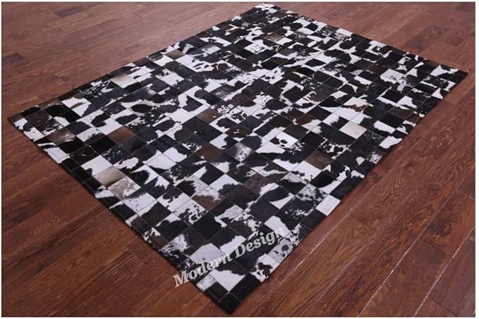 Modern Design Premium Cowhide Leather Carpet with Chevron Pattern, Area Rug (Brown/White-2, 3x5)