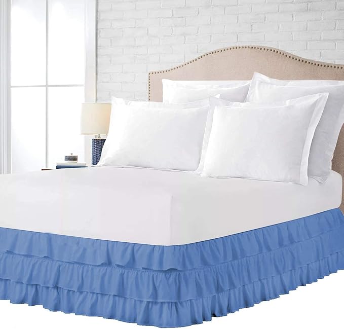 Multi-Ruffle Bed Skirt, Soft Multi Elastic Dust Ruffles with Wrap Around Bed Skirt Easy Fit with 18 Inch Drop 100% Cotton 800 Thread Count (Twin XL, Medium Blue)