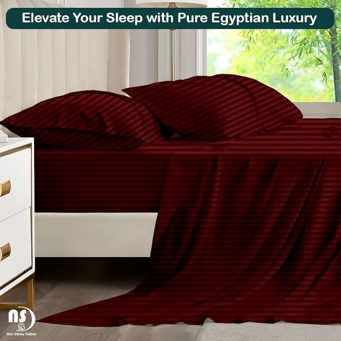 NON Sticky cotton Twin Size Sleeper Sofa Sheets, 4 Piece Egyptian Cotton Bed Sheet Set for Sofa Bed, 8" Deep Pocket for Pull Out Couch Mattress, 39" x 75", Burgundy Stripe, Soft & Breathable