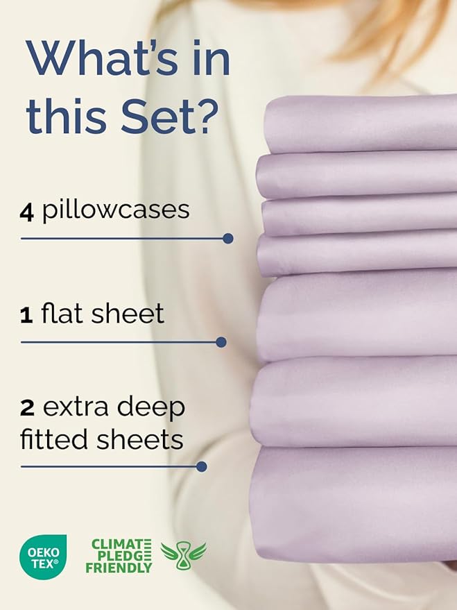 Extra Deep Split King Sheet Set - 7 Piece Breathable & Cooling Sheets - Hotel Luxury Bed Sheets Set - Easy Fit - Soft, Wrinkle Free & Comfy Sheets Set - Light Lavender Sheet Set w/Extra Deep Pockets