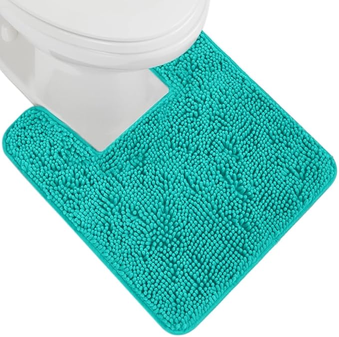 GORILLA GRIP Plush Absorbent Shaggy Chenille Bath Rug Mat for Square Toilet Base with Rubber Backing, Machine Washable Rugs, Soft Microfiber Contour Mats for Toilets, Bathroom Decor, Turquoise