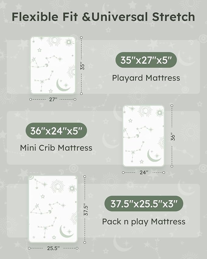 Pack and Play Sheets Fitted 3 Pack, Mini Crib Sheets for Pack N Play Mattress Stretchy Portable Playard Sheets, Soft Breathable Green Gray Constellation